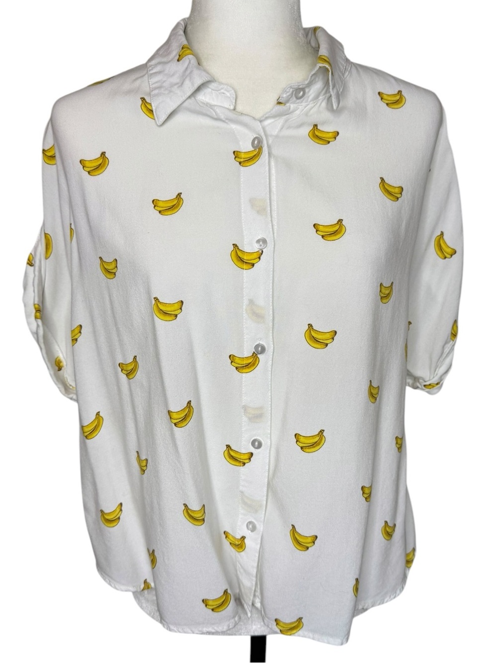 Japna White Button-Up Top with Yellow Banana Print